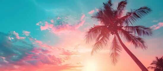 Beautiful silhouette of tropical beach with palm tree with sunset sky background. Generated AI image - obrazy, fototapety, plakaty