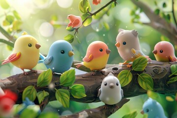 Cute birds on tree branches welcome spring