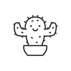 Cactus character with smile, linear icon. Line with editable stroke
