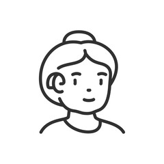 Old woman with hearing aid, linear icon, hearing impairment in old age. An old woman with hearing problems. Line with editable stroke
