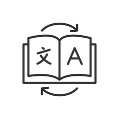 Translating the text of a book, linear icon. To another language. Books in another language. Line with editable stroke