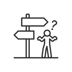 Directional choice, linear icon. A man stands in front of a directional signpost and wonders, spreads hands. Doesn't know where to go. Line with editable stroke © Matsabe