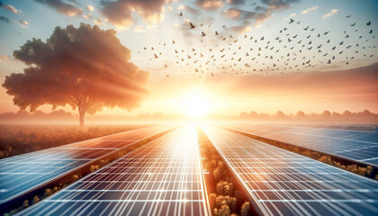 Solar panel in the morning sun, with birds flying in the distance, installed in a beautiful field. Clean green energy.