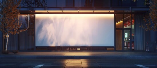 Wide blank banner mock up in a storefront building city at night. Generated AI image