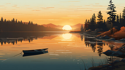 A vector image of a peaceful lakeside scene. - obrazy, fototapety, plakaty