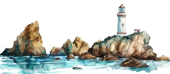 Hand drawn illustration seascape with rocks and lighthouse watercolor style. Generated AI image