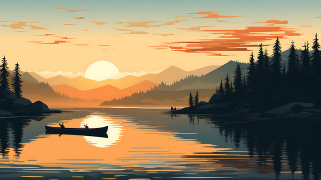 A vector image of a peaceful lakeside scene.