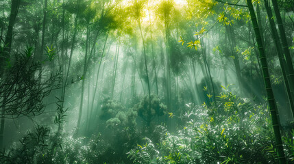 Peaceful bamboo forest with sunlight filtering through the mist,ai generated