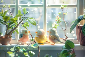 Birds on the windowsill welcome spring - obrazy, fototapety, plakaty