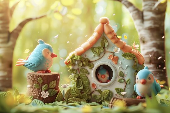 Cute birds with cute bird houses welcome spring