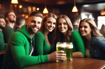 St.Patrick 's Day. A group of handsome young guys and girls in green suits and hats are celebrating St. Patrick's Day in a bar and drinking green beer.