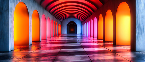 Modern Architectural Glow: Blue Interior Tunnel with Abstract Design and Illumination