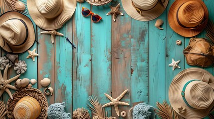 Top view of Beach accessories like hats, sunglasses, and beach bags arranged on a wooden boardwalk with copy space on left side