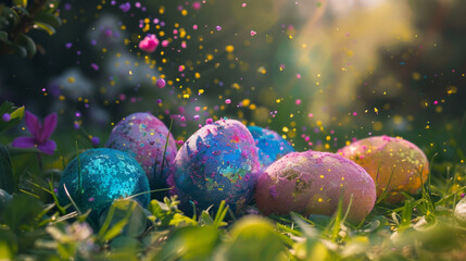Colorful Easter Eggs Exploding in Colorful holi powder blowing up. Vibrantly colored Easter eggs burst in a dazzling explosion of colors and glitter, creating a festive and joyful holiday atmosphere.
