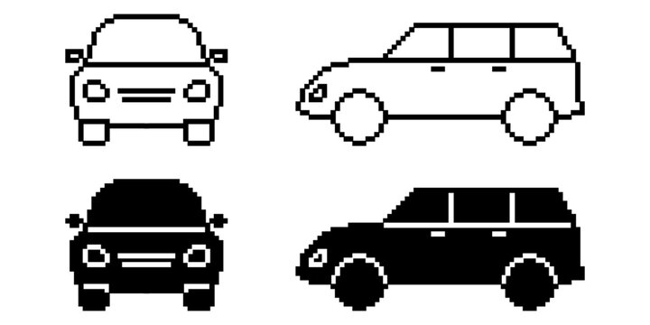 side and front view pixel art car icon set isolated on white background