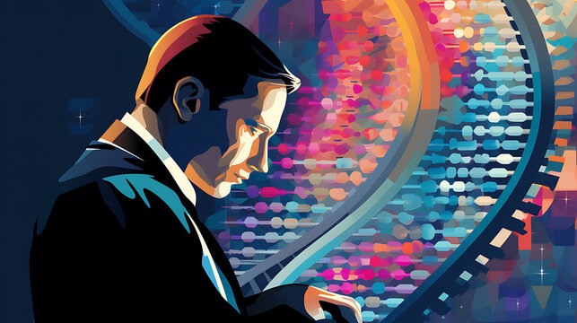 A vector image of a scientist analyzing DNA strands.