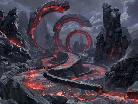 Belial overseeing administration in a fallen empire where laws are etched in stone and enforced with fire