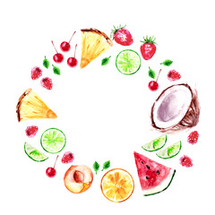 Round wraeth frame. Summer tropical fruit cocktail recipe ingredients