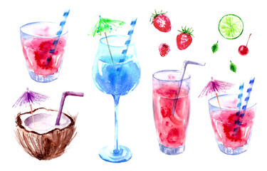 Summer tropical fruit cocktail glasses and recipe ingredients, fruit slices,  coconut, strawberry, lime, raspberry, cherry, mint