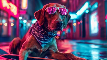 A dog as a loyal 80s skateboarder bandana tied around the head cruising down neonlit streets - obrazy, fototapety, plakaty