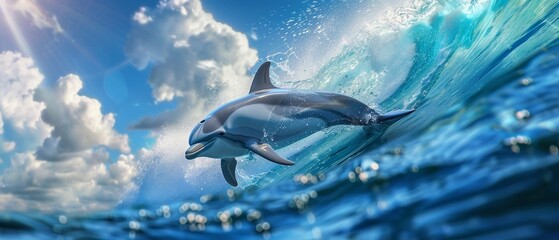 A dolphin as an 80s surf champion riding the waves with effortless grace a symbol of freedom and adventure