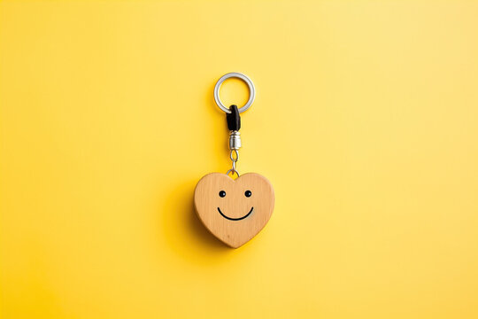 Smiley face wooden key chain with love heart on yellow background, emotional gestures.
