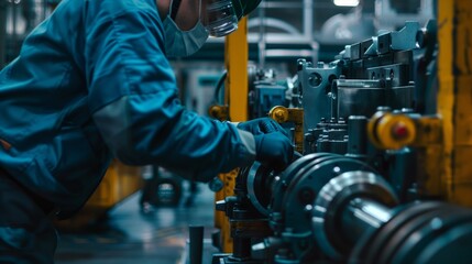 Engineer adjusting machinery in factory