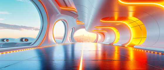 Futuristic Urban Tunnel: Modern Blue Corridor with Neon Lights and Abstract Design