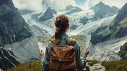 Hiking girl holding a map, standing still and looking at the mountain from valley with backpack, finding the path to climb, view from behind - obrazy, fototapety, plakaty