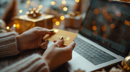 Shopping online made magical with a golden credit card, amidst holiday lights and gifts, showcasing the joy and convenience of shopping online for festive treasures