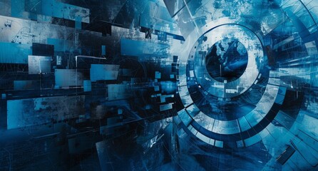 A blue and white abstract image of a space with a large circle in the middle