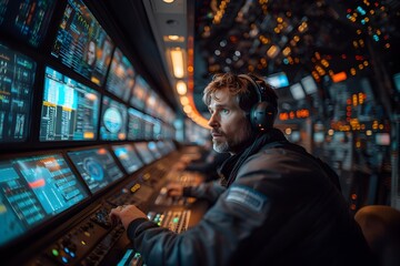Obraz premium Air traffic controller working in the control tower of an airport