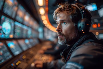 Air traffic controller working in the control tower of an airport