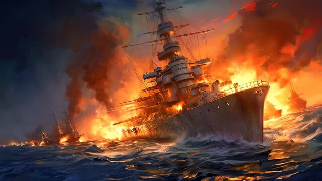 Bismarck warship on fire during a battle, about to sink. The inferno rages, painting a scene of chaos and devastation on the deck. AI-generated