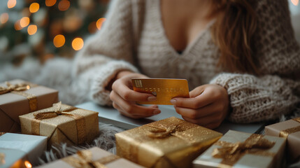 Golden moments of shopping online, with a credit card and festive gifts, highlighting the seamless blend of tradition and modernity in shopping online