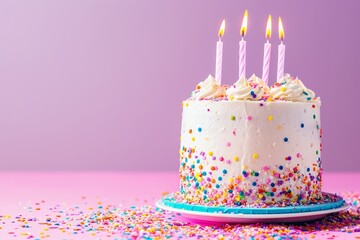 Delicate birthday cake with candles on a pink background. Concept for celebrating children's holidays. Empty space for text.