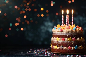 Delicate birthday cake with candles on a blurred dark gray background. Concept for celebrating children's holidays. Empty space for text.