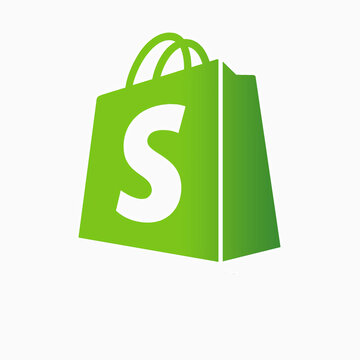 Shopify build your online business icon type logo. Shopify logo vector. Shopify logotype. E-commerce platform online.  E-commerce. Shopify shopping bag. Vector illustration.
