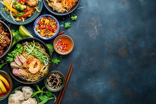 Asian cuisine with shrimps on a dark background in a restaurant, copy space
