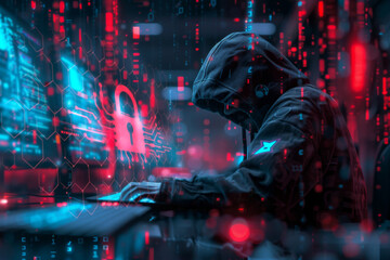 hacker and computer with a glowing cybersecurity icons and red digital background. cybersecurity and hacker concept. - obrazy, fototapety, plakaty