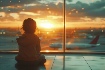 Back view of a young child sitting at an airport terminal, gazing at airplanes against a beautiful sunset backdrop. - obrazy, fototapety, plakaty
