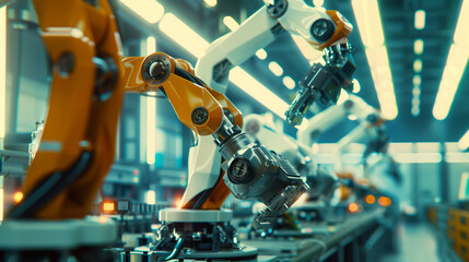 Fototapeta premium AI Mechanized industry robot and robotic arms for assembly in factory production. Concept of artificial intelligence for industrial revolution and automation manufacturing process.