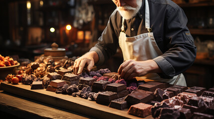 Artisanal Chocolate Making: Chocolatier crafting handmade chocolates.