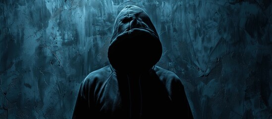 A mysterious hacker man in the hoodie in front of dark concrete background. Generated AI - obrazy, fototapety, plakaty