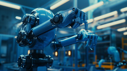 Fototapeta premium AI Mechanized industry robot and robotic arms for assembly in factory production. Concept of artificial intelligence for industrial revolution and automation manufacturing process.
