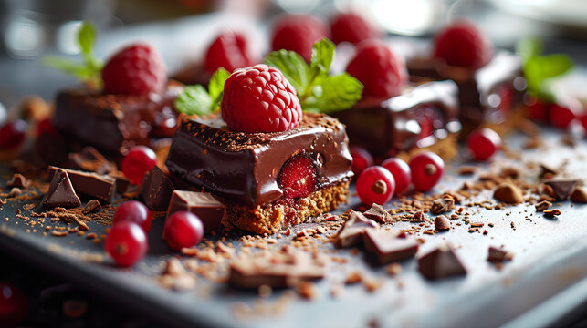 Chocolate dessert with fresh raspberries closeup.