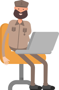 General or Soldier Character Working on Laptop
