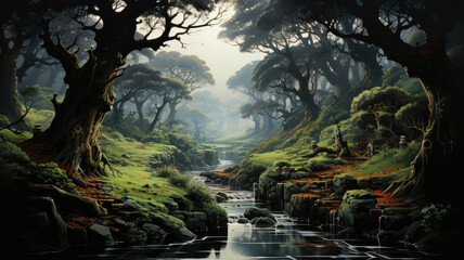 Enchanted Forest Dawn - Mystical Mist and Serene Waters, AI Generated