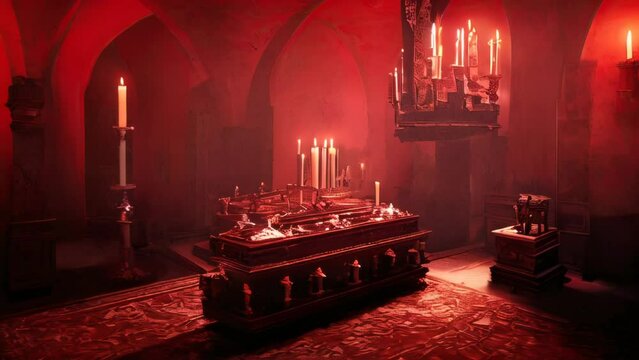 interior of Dracula castle, victorian furnitures and coffin illuminated by candlesticks horror Halloween theme. Gothic atmosphere inside of Ancient vampire castle for games background. AI-generated