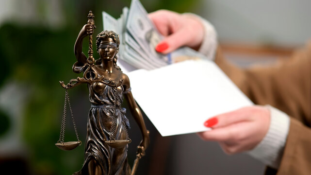 A woman lawyer receives money in an envelope. The concept of payment for legal services, corruption in the contracting industry and bribery.